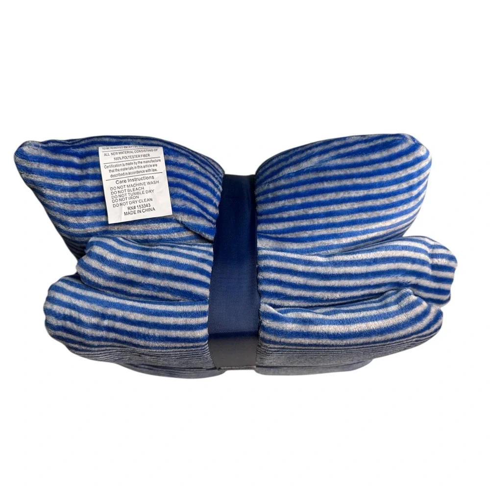 ANA Pillow & Throw Gift Set Blue Gray Stripe Flannel Fleece 50x60 Cozy Home Deco